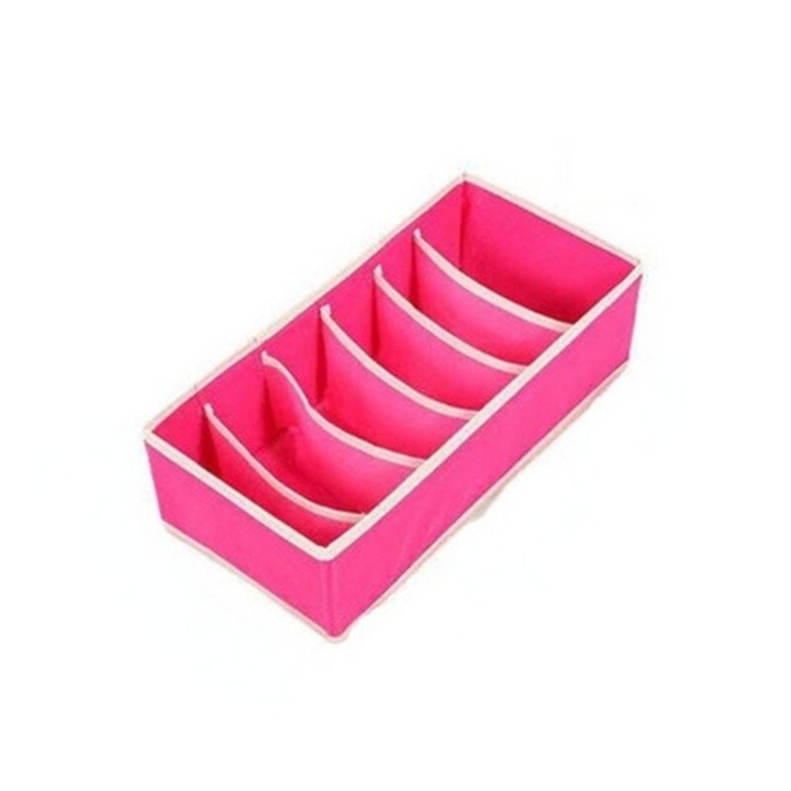 Cutie de depozitare, pentru lenjerie, sosete si sutiene, material textil, cu 6 compartimente, 32 x 16 x 10 cm, culoare roz