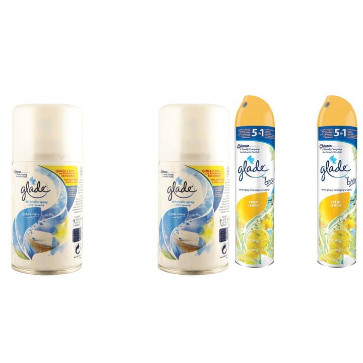 Set 4 x Glade Variety, 2 x Odorizant Camera Rezerve 269ml Clean Linen, 2 x Spray Camera 300ml Fresh Lemon, fresh aroma, parfum floral, persistenta indelungata, testat dermatologic, design elegant, ingrediente naturale, elimina mirosuri neplacute