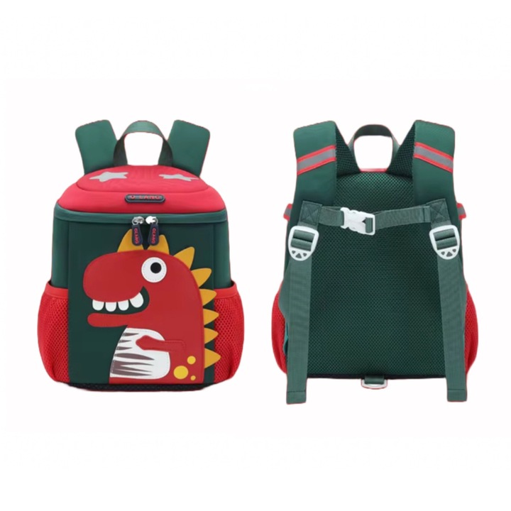 Ghiozdan Scoala impermeabil, capacitate mare, Bretele ajustabile, 8 Buzunare, Model Baby Dyno 33 x 26 x 15, Rosu/Verde