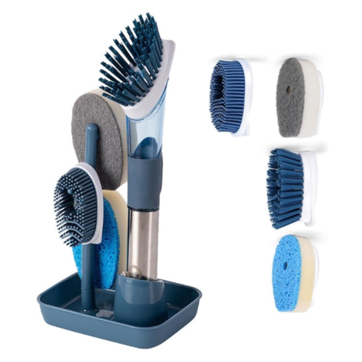 4 az 1-ben mosogatókefe, 4 cserélhető fej, mosószer-adagolóval és kefetartóval, kék