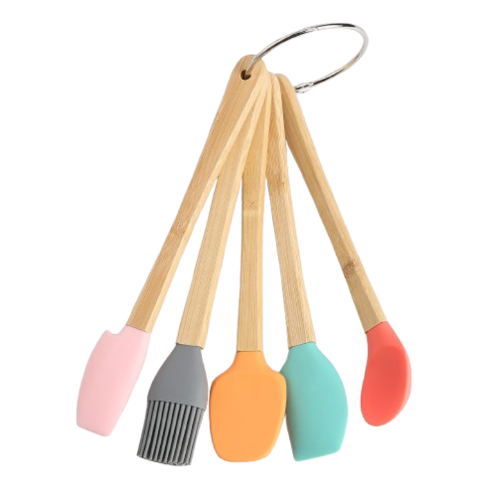 5 db Mini szilikon spatula kollekció, Danex, főzéshez, ecsettel és tölgyfa nyéllel, különböző színekben