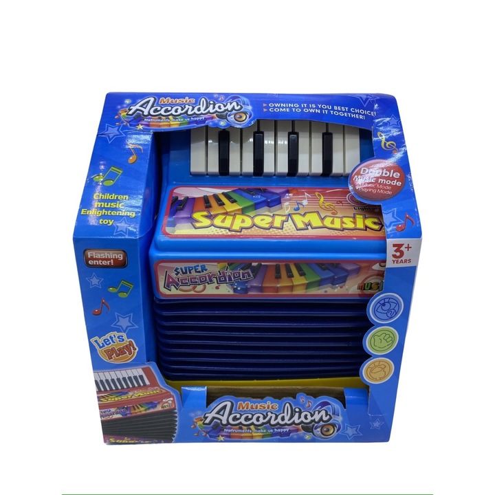 Zenés elektromos harmonika játék, kék-sárga