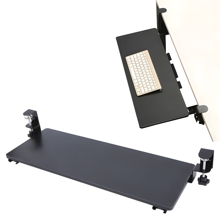 Kihúzható billentyűzet állvány, íróasztal alatt, fekete, kihúzható billentyűzet szekrény, irodába, otthonra, acélból, könnyen összeszerelhető, súly 25 kg-ig, 65 x 25 x 1,2 cm, HDWR SolidHand-KT02