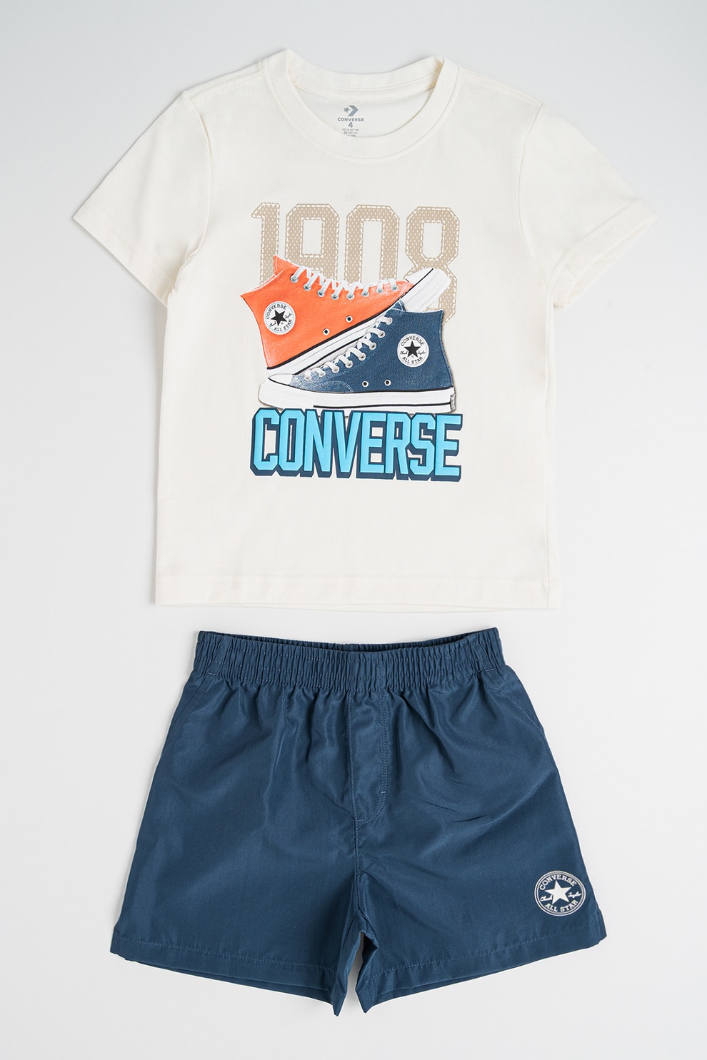 Converse, Set de tricou cu model grafic si pantaloni scurti Retro, Crem, Bleumarin, 128 CM
