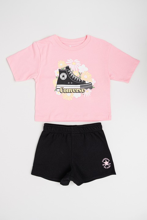 Converse, Set de tricou cu imprimeu si pantaloni scurti, Negru/Roz, 116-122 CM