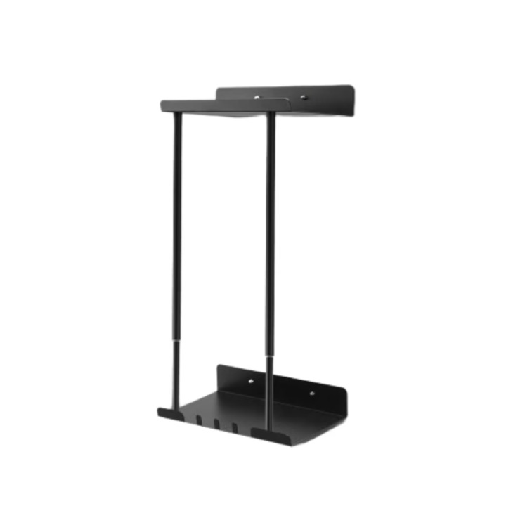 Suport prosoape baie, Metalic, Telescopic Extensibil, 38-75 cm x 5 cm, Montare pe perete, cu Carlige si Raft Depozitare, Negru