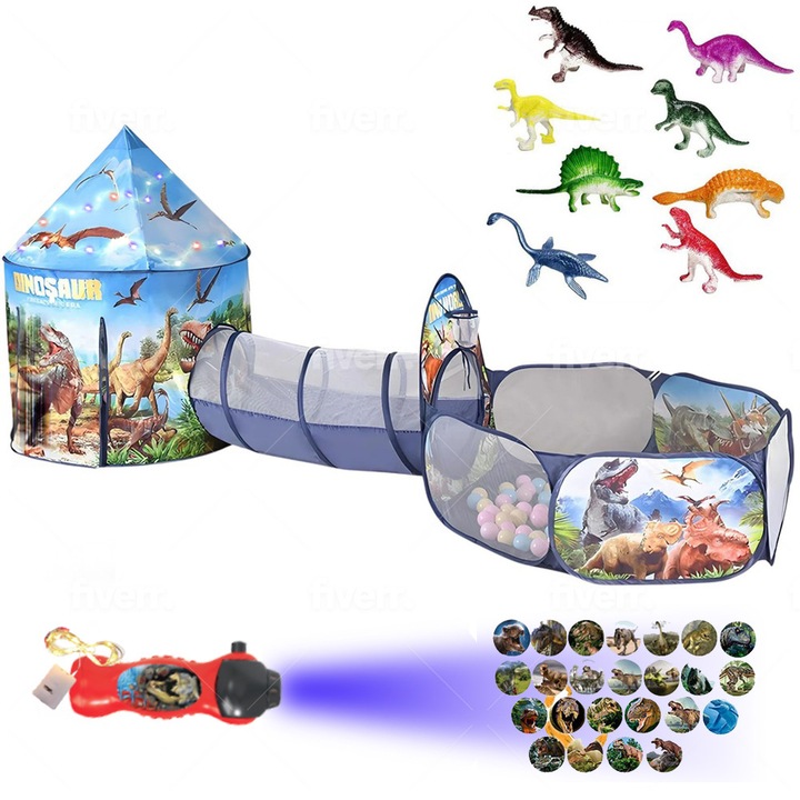ZADORYA™️ Детска палатка за игра 3 в 1, за момчета и момичета, тунелна палатка и площадка за игра с топки, проектор с 24x изображения, LED светлини, 8x играчки динозаври и чанта за съхранение включени