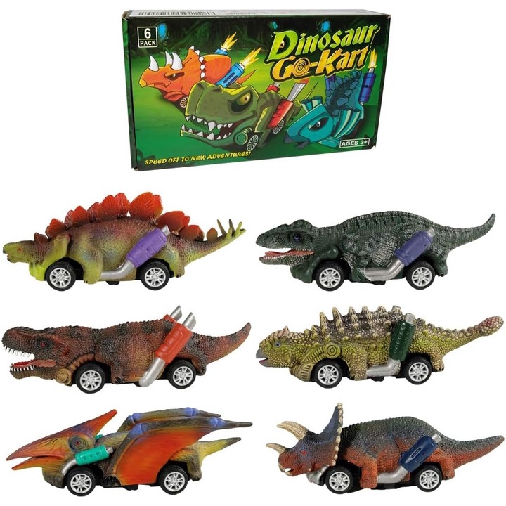 Set 6 Masinute Dinozauri De Jucarie Pentru Copii, KidProtect® Jurassic Speeders, Cu Mecanism "Pull Back", 3 ani+