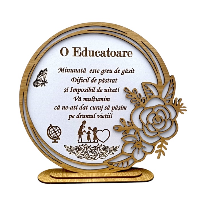 Decoratiune tablou cu rama trandafir, cadou personalizat cu mesaj standard pentru "Educatoare Minunata" 22cm, alb
