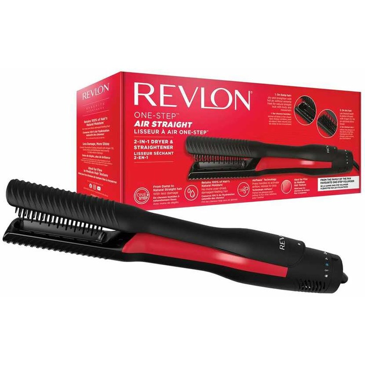 Уред за оформяне 2 в 1 Revlon One-Step Air Straight RVDR5330E, За сушене и изправяне, Плочи от керамика с турмалин, инфузирани с арганово масло, Технология AirPause, 6 настройки