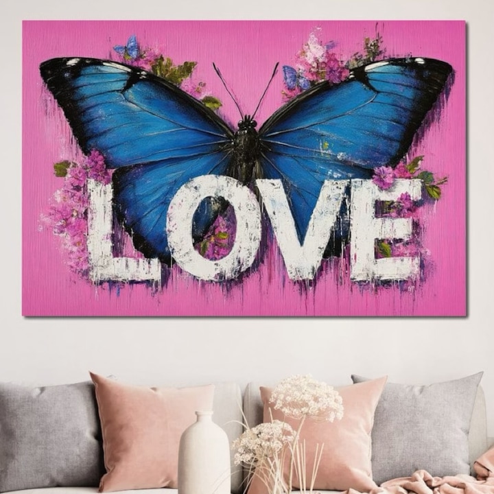 Премиум картина върху платно, LuxCanva® E1015, Метаморфоза на чувствата, 100 X 135 см, 100% памучно платно 400 г/м2, дървена рамка, пеперуда, любов, крила, полет, метаморфоза, хол, ярки цветове