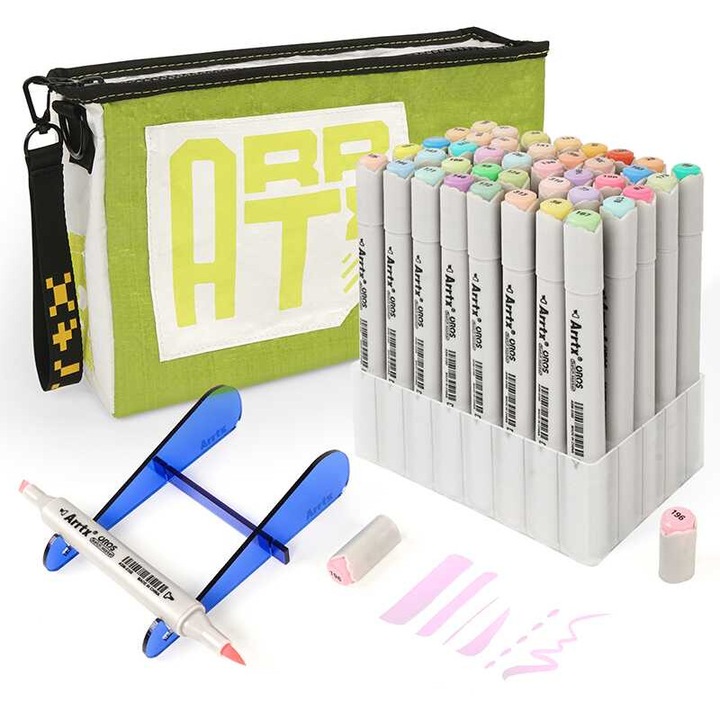 Комплект 40 маркера, Arrtx, 2 вида накрайници, многоцветни, с пластмасов държач