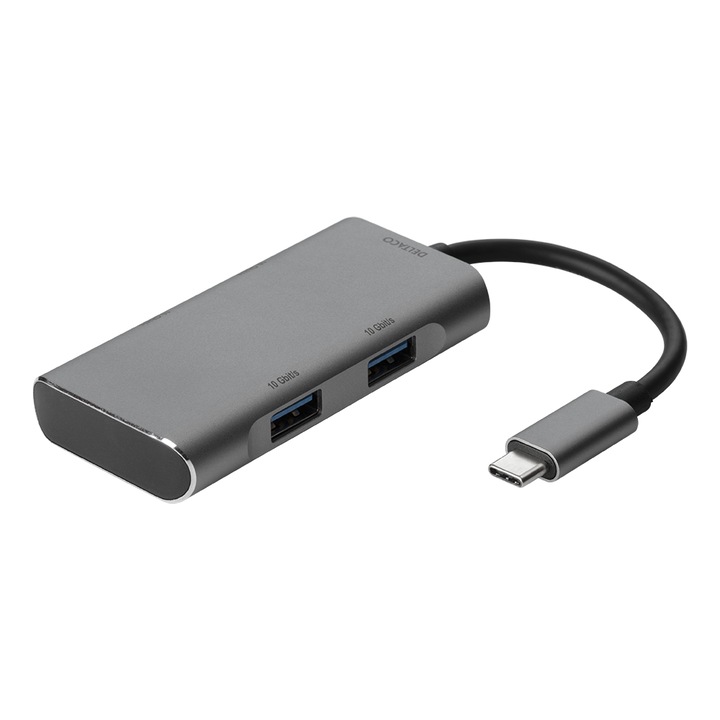Hub USB-C DELTACO, 2x USB-C, 2x USB-A, 10 Gb/s, gri