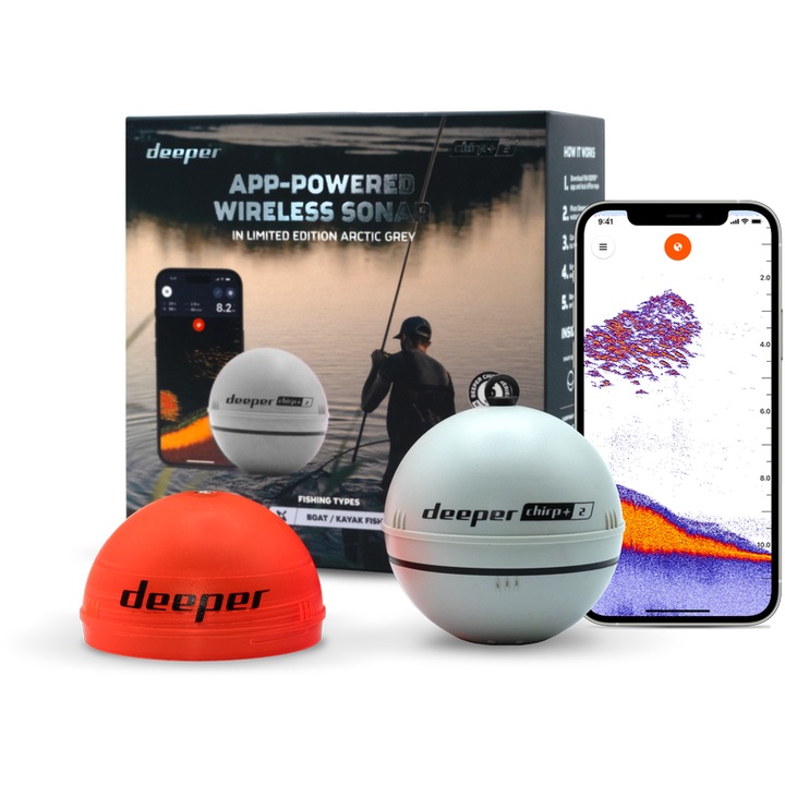 Риболовен сонар, Deeper, CHIRP+ 2, арктически сив, 100 м дълбочина, 15 часа автономност