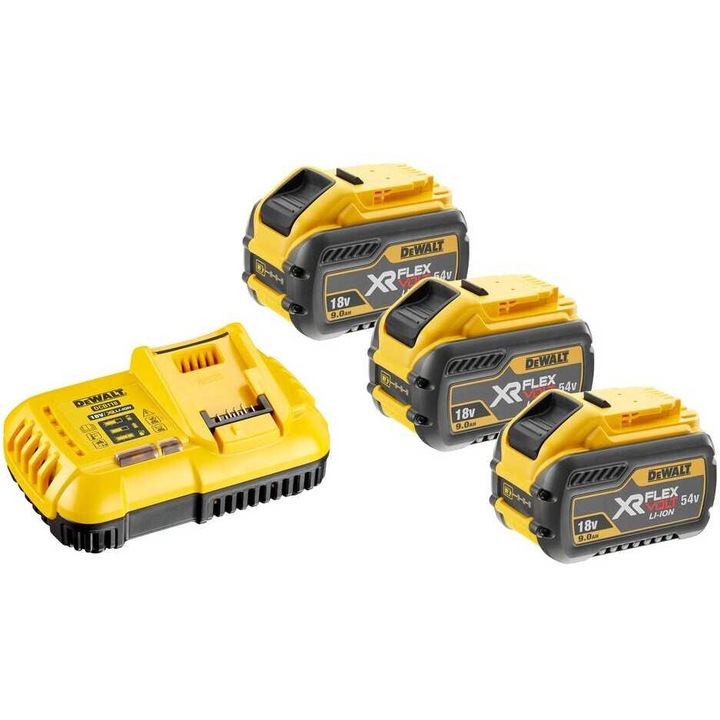Set 3 acumulatori si incarcator FlexVolt, DeWALT, 18V, 3x9.0Ah, Galben/Negru