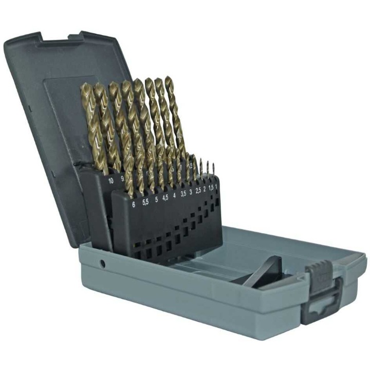 Set burghie metalice Tivoly, 19 piese, 1-10mm, HSS-Co, pentru otel si otel inoxidabil