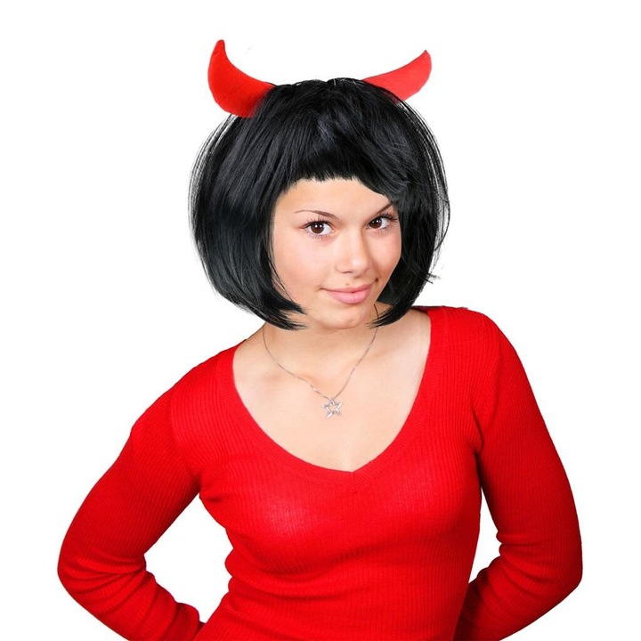 Черна дяволска перука Arpex, 30 см, с рога, комплект за парти