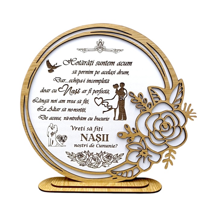Decoratiune tablou cu rama trandafir, cadou personalizat cu mesaj standard pentru Nasi "Vreti sa fiti Nasii nostri?" 22cm, alb