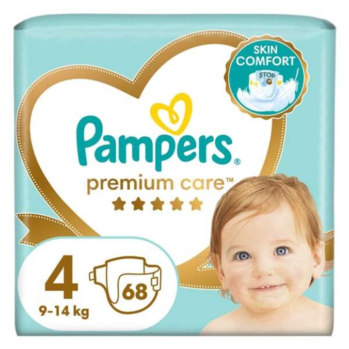 Scutece Pampers Premium Care No 4, 9-14kg, 68 bucati, protectie dermatologica, confort maxim