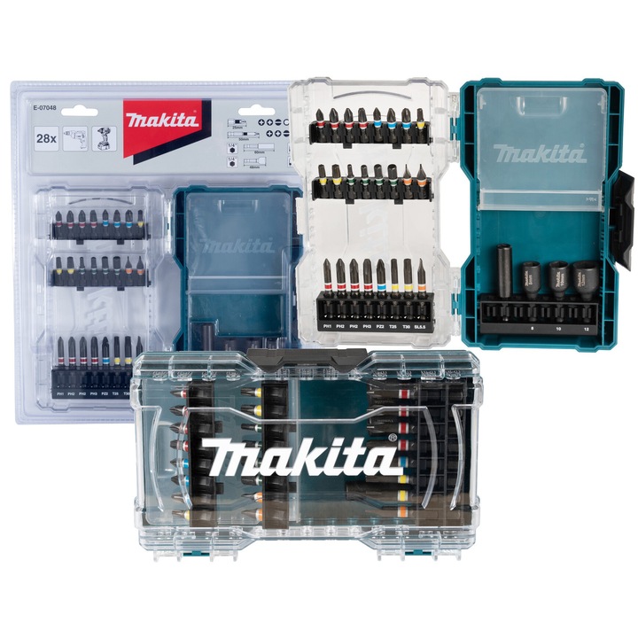 Set de biti si accesorii Makita, 28 elemente, 16 biti 25 mm, 8 biti 50 mm, cutie plastic
