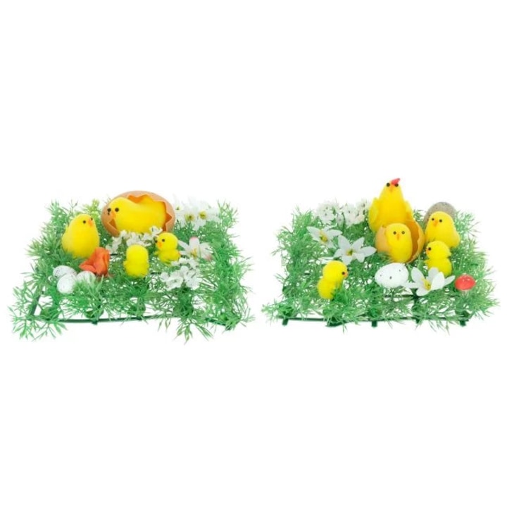 Accesoriu decorativ, Iarba cu pui si ou, plastic, 15cm/buc
