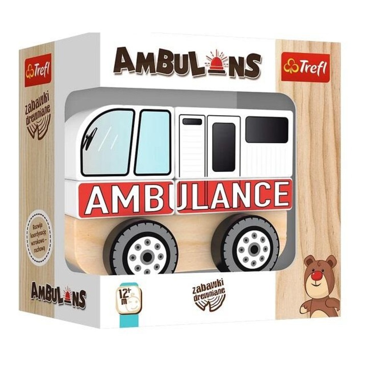 Ambulanta din lemn, Trefl, 135x130x80mm, 2+ ani, elemente mobile