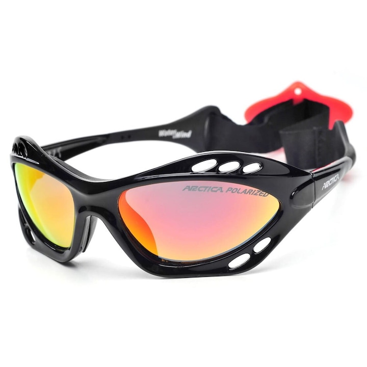 Ochelari sportivi unisex Arctica S-329, polarizati, negru lucios, lentile rosu-portocaliu, 13x4.9cm, cu etui