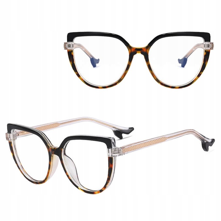 Ochelari de vedere dama, Stylion, Policarbonat, Fltru Blue Light, Model pantera, 54 x 19 x 148 mm, Negru / Maro