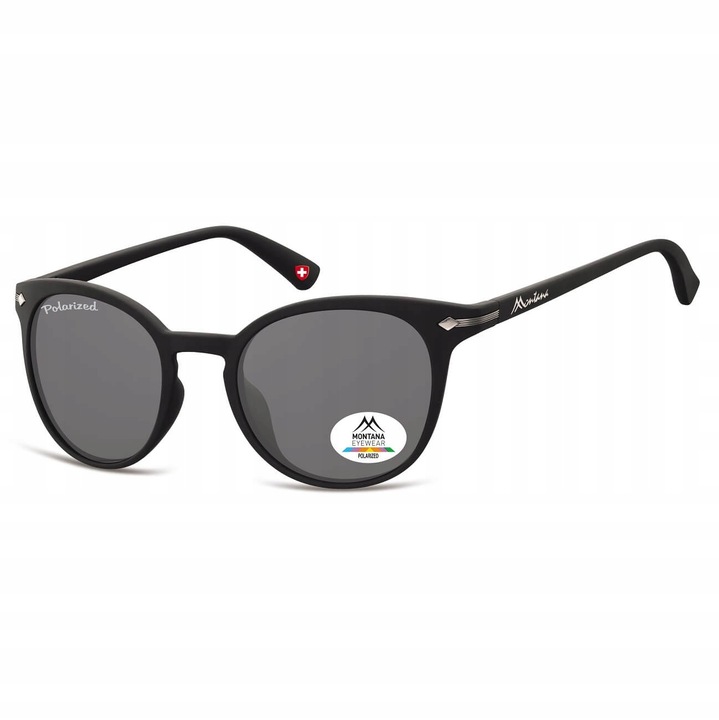 Ochelari de soare dama Montana, kocie ochi, polari, negru, 54x23x140mm, set cu etui