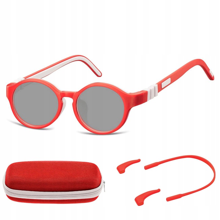 Ochelari de soare copii, Sunoptic, model SK7D, rosii si albe, cu filtru UV 400, set cu etui si stergator