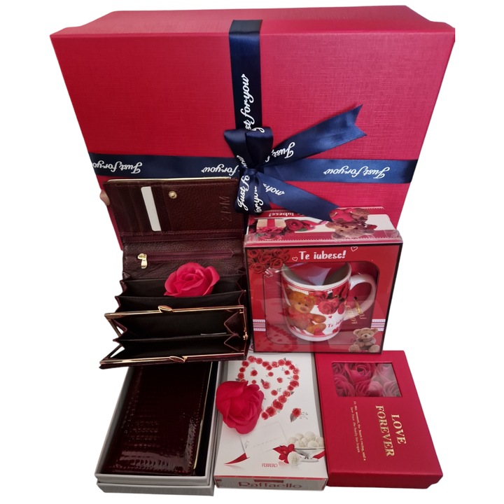 Set cadou pentru femei, Beautiful Heart, cu portofel piele naturala lacuita Dark Red, 5 Produse