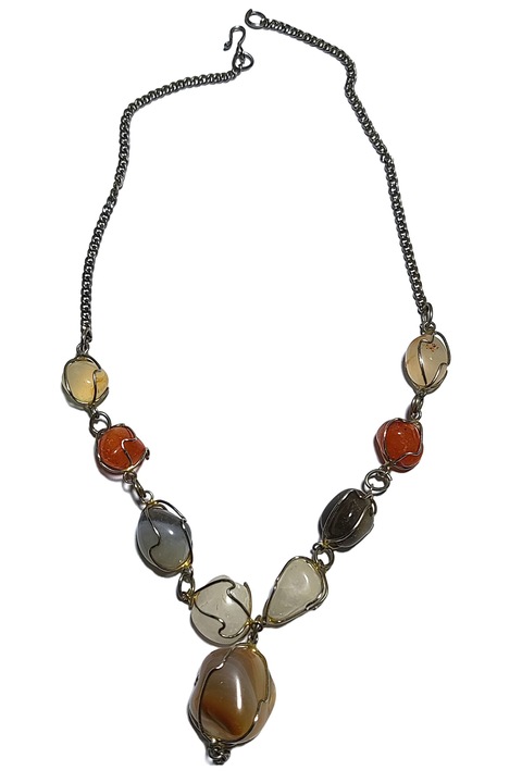 Colier Vintage din cristale semipretioase, Portocaliu-Gri, 40 cm