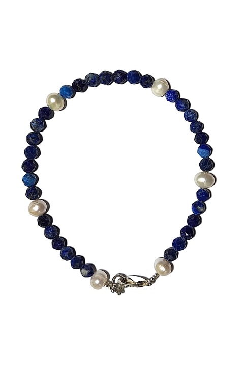Bratara Luxury cu Lapis Lazuli si Perle, fir metalic gilt, Albastru-Alb, 20 cm