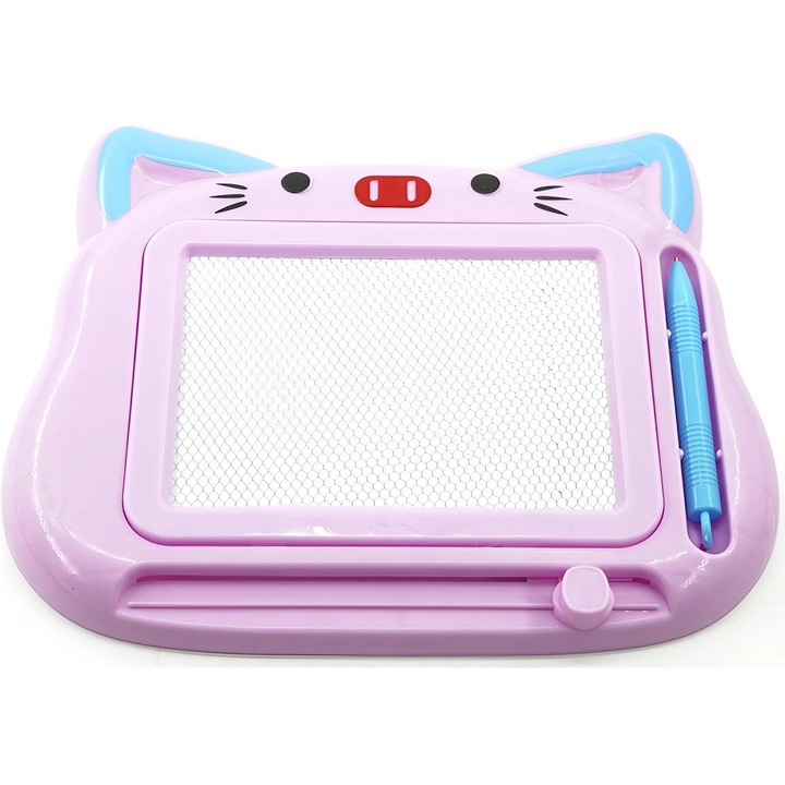 Tablita Magnetica de Scris si Desenat, Model Pisica, cu Creion, Dimensiuni 23.2x18.5 cm, Suprafata Desen 14.6x10.4 cm, Dezvolta Imaginatia si Creativitatea, Incurajeaza Exersarea Scrisului, Mov