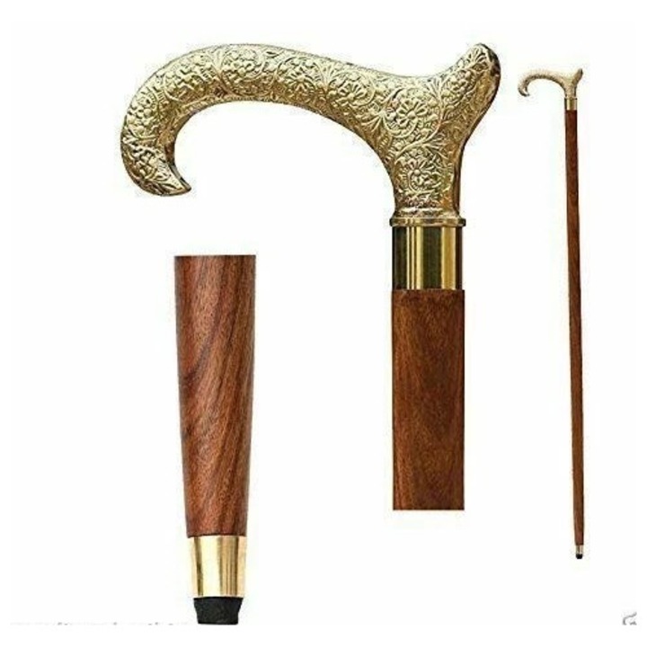 Baston din lemn cu maner floral gravat si varf antiderapant, stabil si rezistent, lemn / alama, L. 91 cm