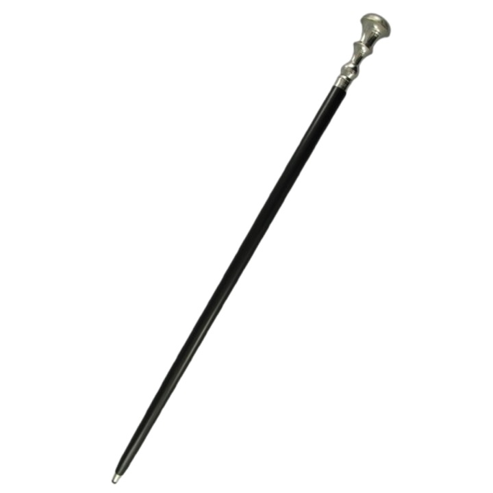 Baston din lemn cu maner rotunjit argintiu si tija neagra cu varf antiderapant, L. 91 cm