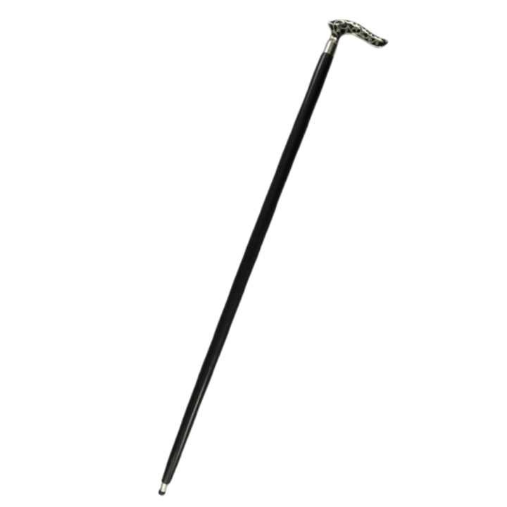 Baston din lemn cu maner floral argintiu emailat si tija neagra cu varf antiderapant, L. 92 cm