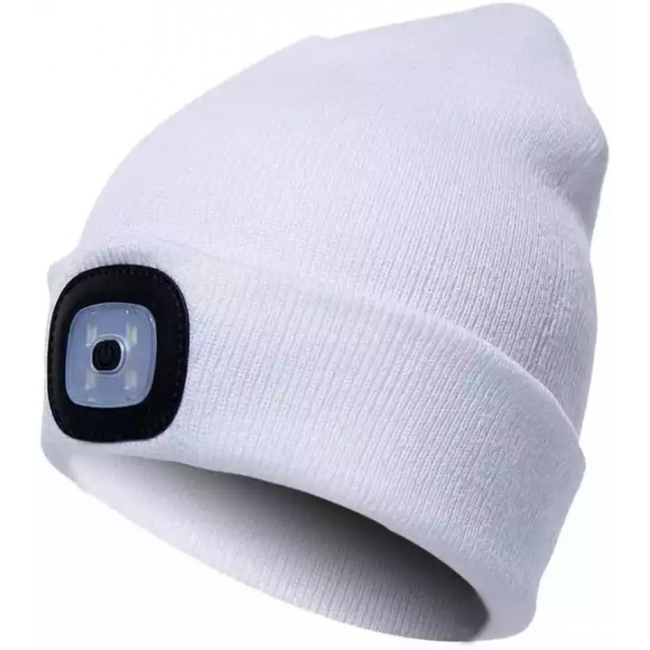 Caciula LED unisex, lanterna frontala, reincarcabila prin USB, iluminare cu 3 moduri, marime universala, caciula de iarna tricotata, cadouri de Craciun, alba