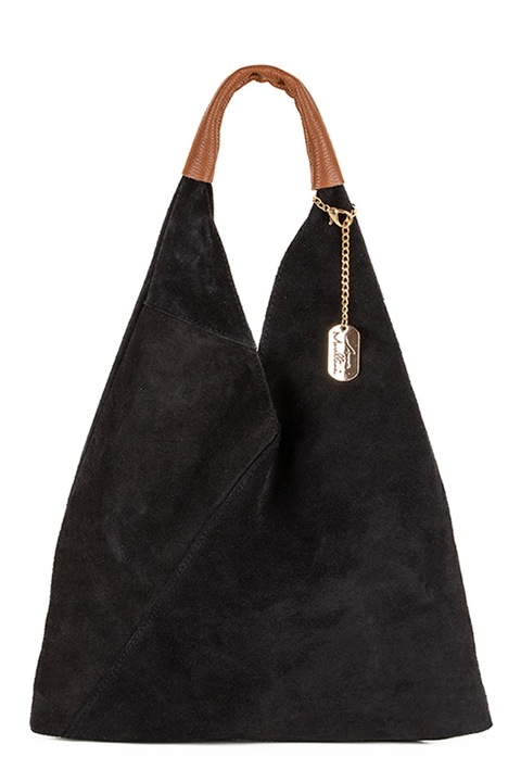 Anna Morellini, Велурена чанта Хобо, Черен, Канелено кафяво