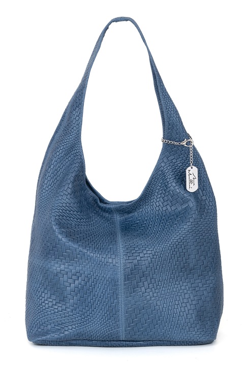 Anna Morellini, Geanta de piele cu accesoriu logo si bareta de umar, Albastru prafuit