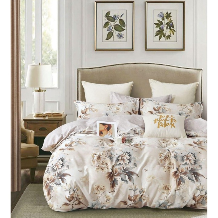 Set Lenjerie CHIRASO, din FINET, pentru 2 persoane, 6 piese: Cearceaf de pat 230 x 240 cm, Cearceaf pilota 200 x 230 cm, 2 fete de perna 70 x 70 cm, 2 fete de perna 55 x 80 cm, cu imprimeu flori, bej