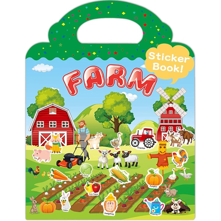 Carte cu autocolante reutilizabile pentru copii, 2ani+, Ferma
