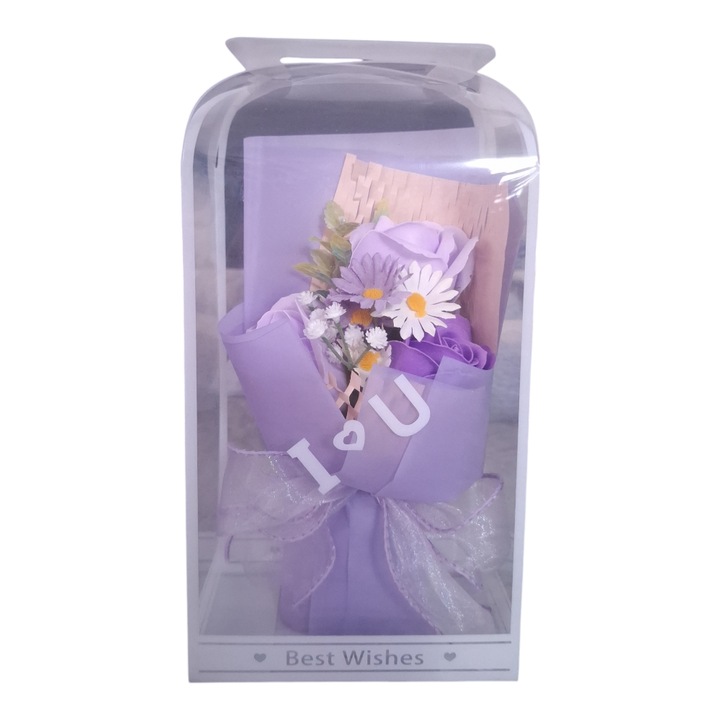 Лилав модел на букет от рози в прозрачна подаръчна кутия с дръжка, Vision XXI, колекция с най-добри пожелания, персонализиран подарък за специални дни, Свети Валентин, Драгобете, Ден на жената
