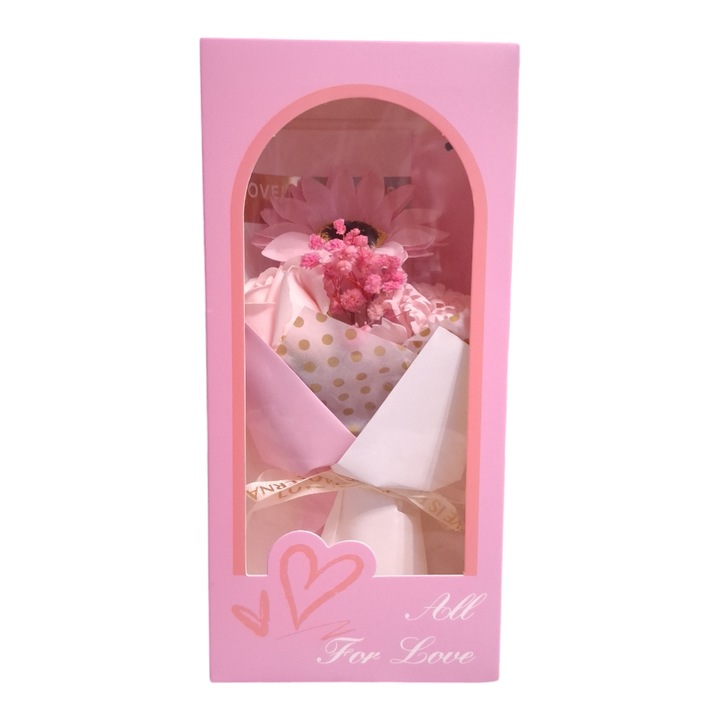 Букет от розови гербери, рози и карамфили, в кутия с дръжка на връв, Vision XXI, колекция All For Love, персонализиран подарък за специални дни, Свети Валентин, Драгобете, Ден на жената