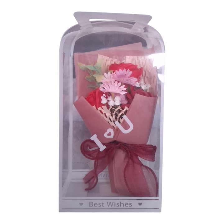 Букет от червени рози в прозрачна подаръчна кутия с дръжка, Vision XXI, колекция Best Wishes, Персонализиран подарък за специални дни, Свети Валентин, Драгобете, Ден на жената