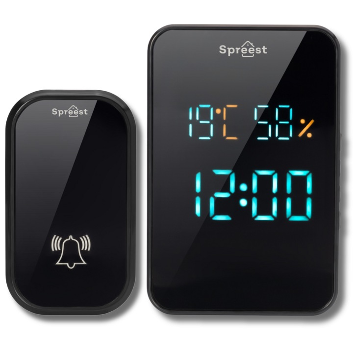 Sonerie fara fir/ wireless Spreest® T295-BB, pentru usa/ poarta, digitala, electrica, cinetica fara baterii, afisaj LED ora/temperatura, 38 melodii, volum reglabil 4 trepte, raza 150m, rezistenta la apa IP44, negru