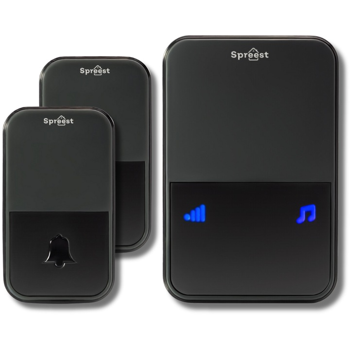 Sonerie fara fir/ wireless Spreest® 2U199-BB, pentru usa/ poarta, 2 emitatoare + 1 receptor, digitala, electrica, rezistenta la apa IP44, distanta 300m, 52 melodii, volum reglabil, montaj usor, negru