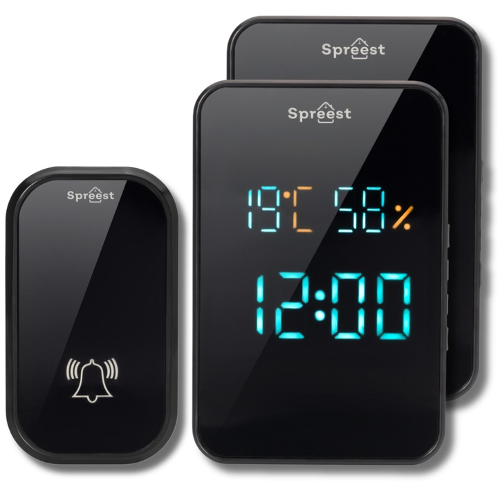 Sonerie fara fir / wireless Spreest® T295295-BB, 1 emitator + 2 receptoare, fara baterii, cinetica, IP44 rezistenta la apa, distanta 150m, 38 melodii, volum reglabil, afisaj LED temperatura/ora, negru