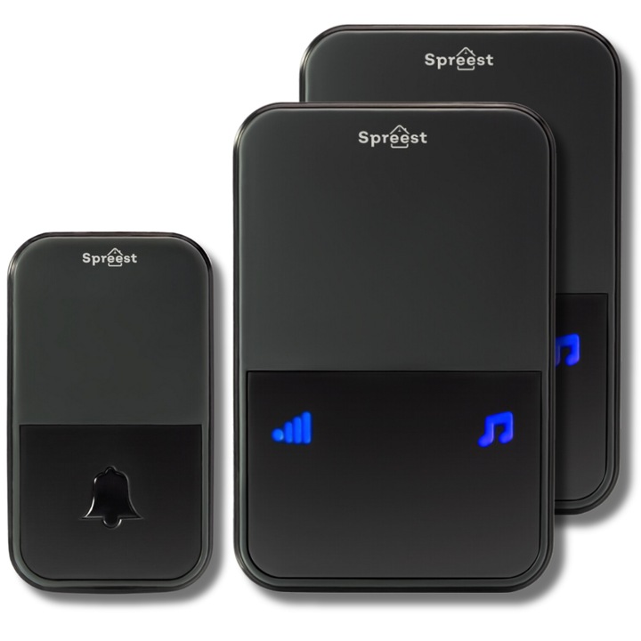 Sonerie fara fir/ wireless Spreest® U199199-BB, digitala, electrica, pentru usa/ poarta, 1 emitator + 2 receptoare, raza 300m, 52 melodii, volum reglabil 4 trepte, rezistenta la apa IP44, negru