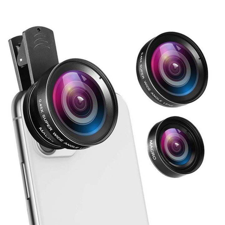 Stabilizator de imagine, obiectiv pentru telefon mobil, unghi larg 0, 45X, macro 15X, sticla, cu clip, compact si portabil, negru